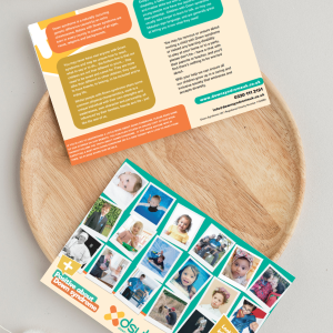 Mockup of fundraising pack A5 postacards showing faces of children with down syndrome on the front and then blobs with informative writing on the back