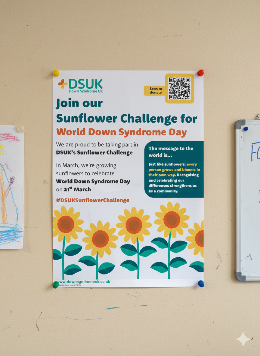 Sunflower challenge poster which is pinned to a classroom wall. It says 'Join our sunflower challenge for world down syndrome day'