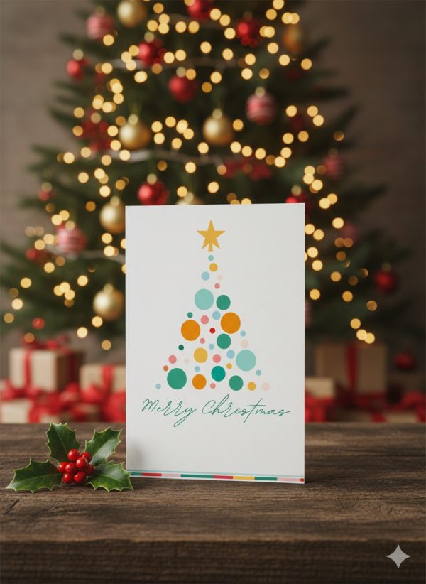 christmas card with dsuk branded dots making a christmas tree with a star on top