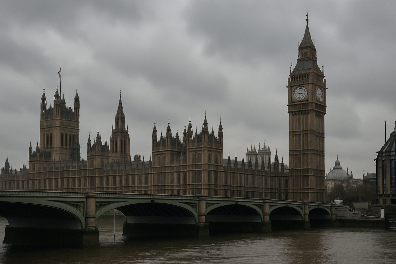 Ai generated image of the houses of parliament beyond westminister bridge