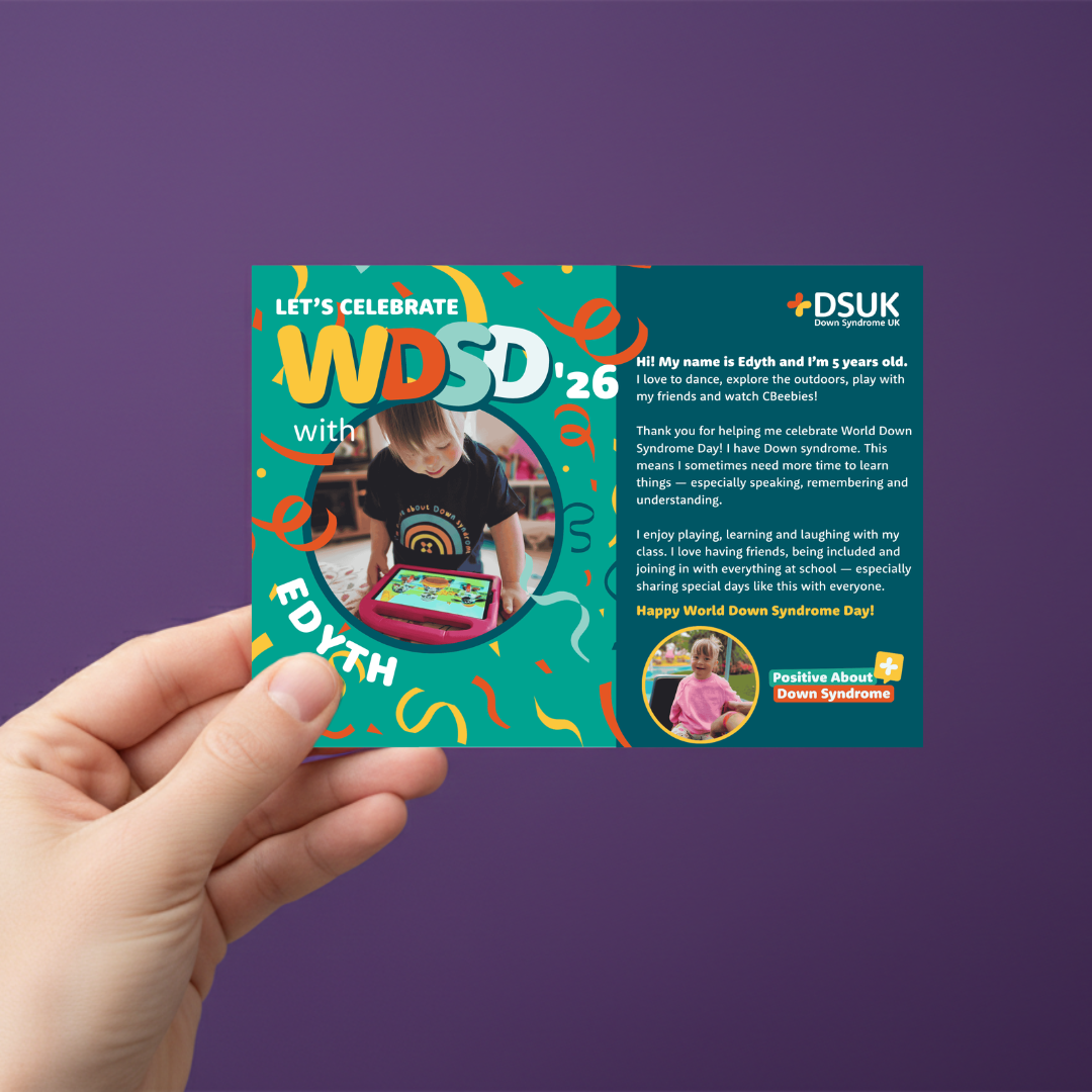 Personalised bespoke A5 postcard celebrating an individual child with down syndrome