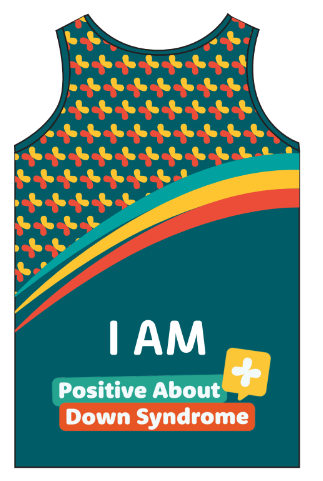 The back of the Down Syndrome UK running vest, showing a colourful repeating pattern across the upper half, a rainbow diagonal stripe, and the words 'I AM Positive About Down Syndrome' in large white and orange text on a teal background.