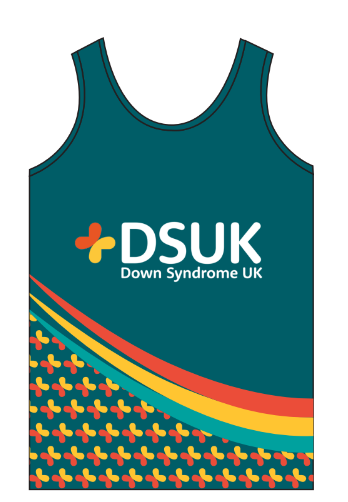 A recycled polyester running vest in teal, featuring the Down Syndrome UK logo in white. A bold rainbow stripe sweeps diagonally across the lower half of the vest, above a colourful repeating pattern in orange, yellow, red and teal.