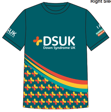 A recycled polyester running t-shirt in teal with short sleeves, featuring the Down Syndrome UK logo in white. A bold rainbow stripe sweeps diagonally across the lower half, above a colourful repeating pattern in orange, yellow, red and teal.