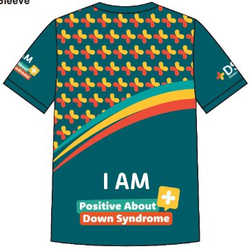 The back of the Down Syndrome UK running t-shirt, showing a colourful repeating pattern across the upper half, a rainbow diagonal stripe, and the words 'I AM Positive About Down Syndrome' in large white and orange text on a teal background.