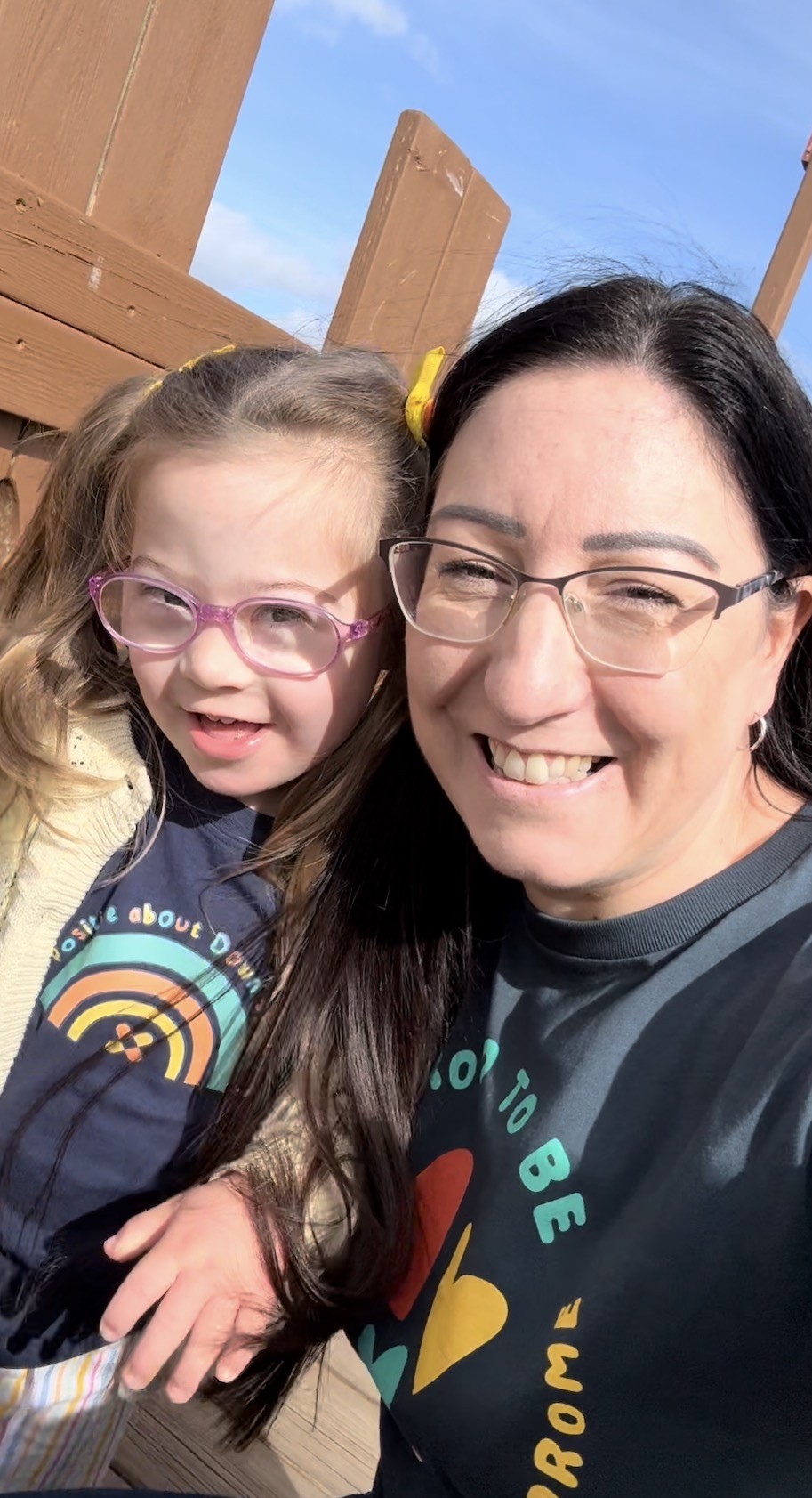 Rebecca Shelley with her daughter voilet wearing DSUK shirts