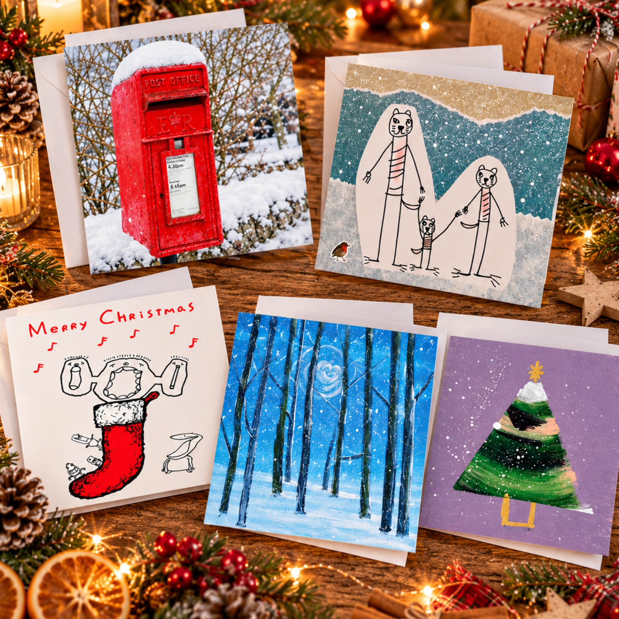 Five square Christmas cards designed by artists with Down syndrome, laid out on a wooden table with envelopes, pine cones, dried orange slices, fairy lights and red berries.