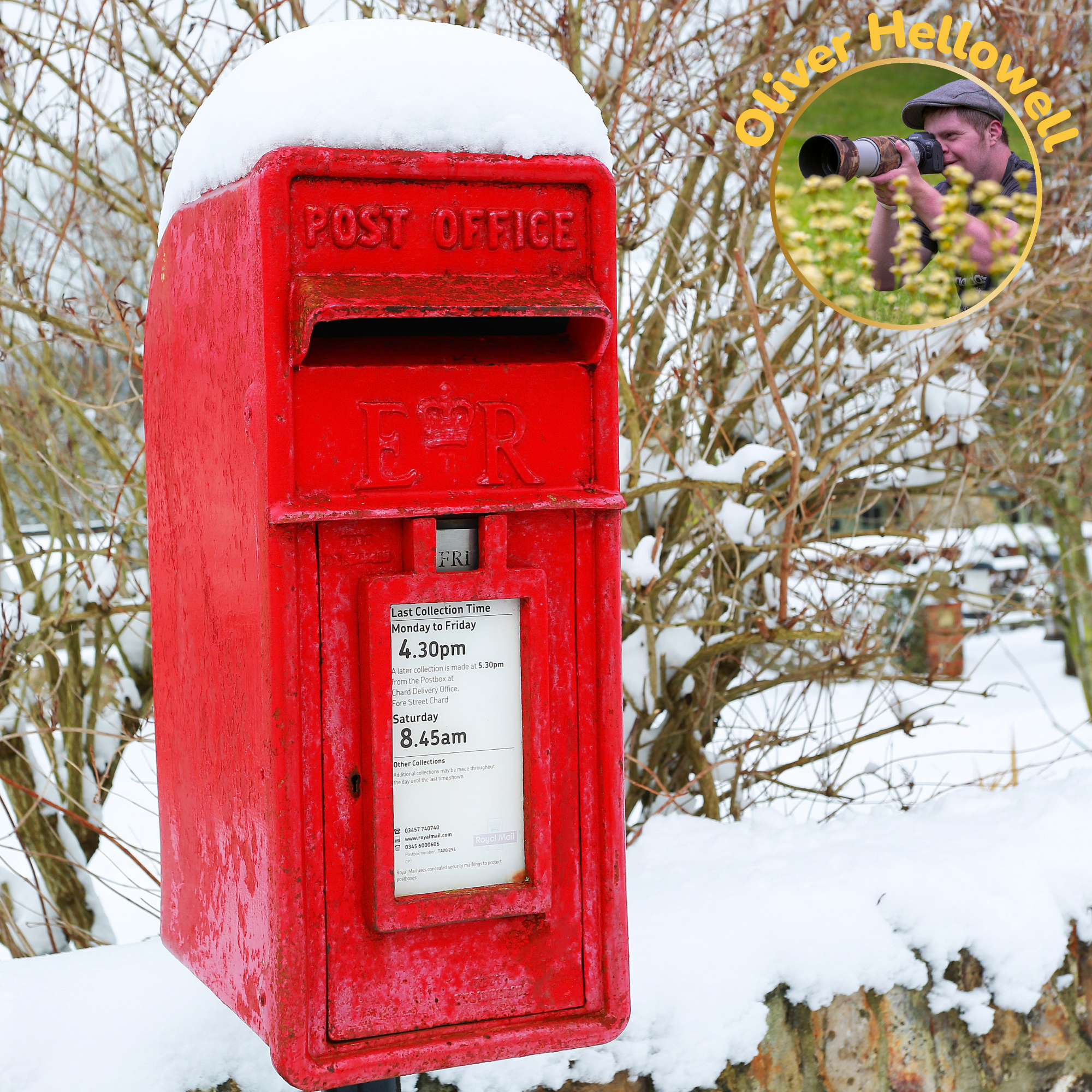 Last post before Christmas: Christmas card with a photograph of a red post box topped with snow, in front of snow-covered bushes.