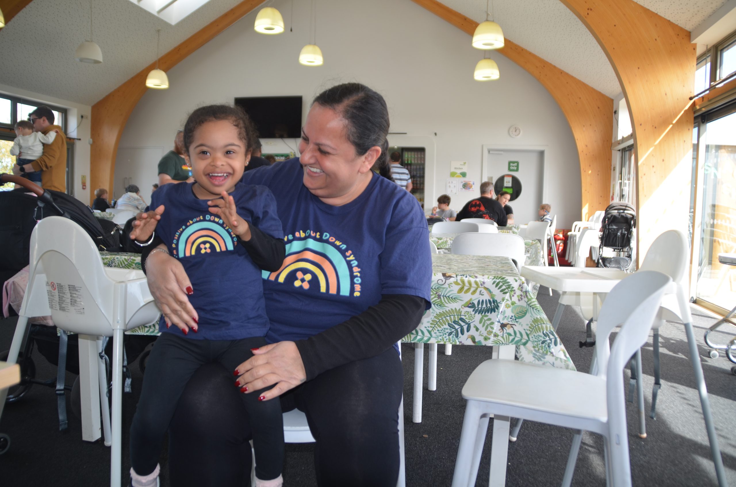 Pic from Thomley of mum and daughter wearing matching I'm positive about down syndrome t-shirts
