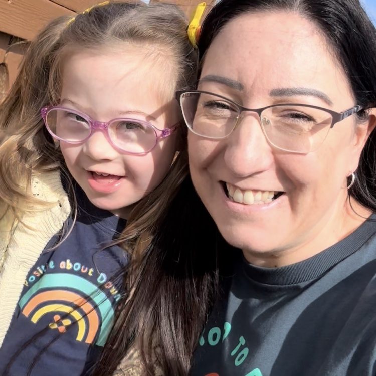Rebecca Shelley with her daughter voilet wearing DSUK shirts